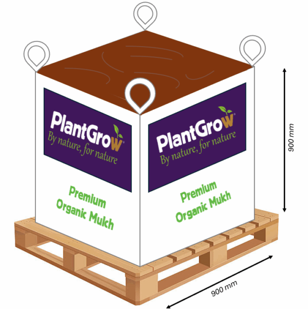 A large white bulk bag labeled "PlantGrow Multi-Purpose Peat Free Compost" sits on a wooden pallet. The bag has four lifting loops, is filled with compost, and both the bag’s height and pallet width are 900 mm.