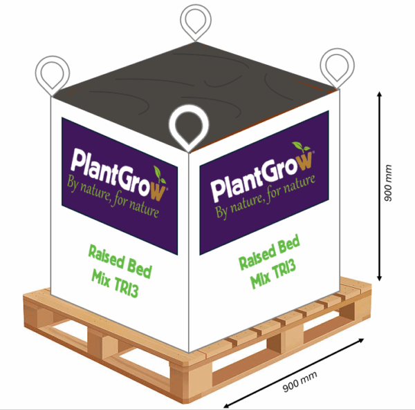 A large white PlantGrow Multi-Purpose Peat Free Compost bag sits on a wooden pallet. The bag has lifting loops, is filled with dark soil, and measures 900 mm x 900 mm x 900 mm.