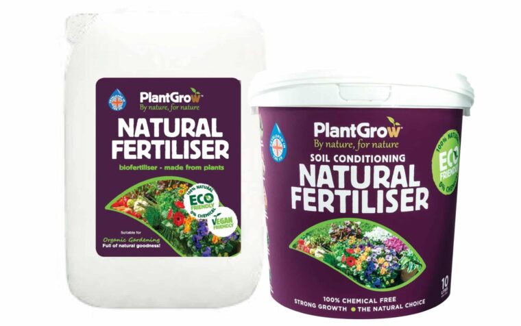 PlantGrow Natural Fertiliser products: liquid biofertiliser in white container and soil conditioning fertiliser in purple tub, both chemical-free.