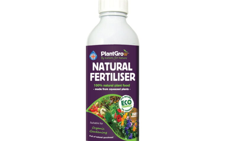 PlantGrow Natural Fertiliser bottle with purple label, 100% natural plant food made from squeezed plants.