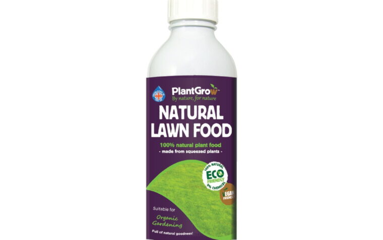 Bottle of PlantGrow Natural Lawn Food, a 100% natural plant-based liquid fertiliser made from squeezed plants, suitable for organic gardening.