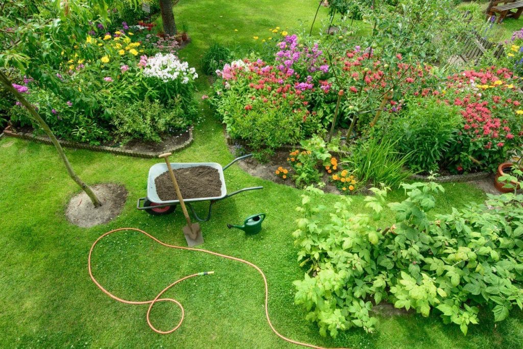 Image of a well kept lawn and flower beds