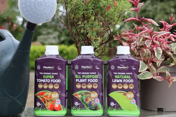 An image displaying three organic fertilisers designed for various gardening needs