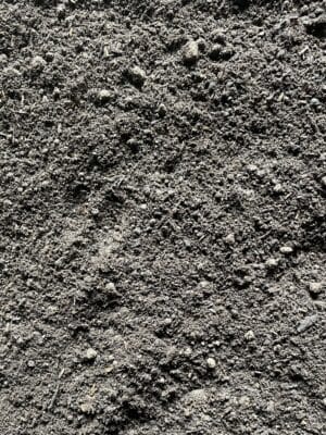 Close-up view of PlantGrow Raised Bed Mix—dark, loose soil with small clumps and fine texture, evenly spread and illuminated by natural light.