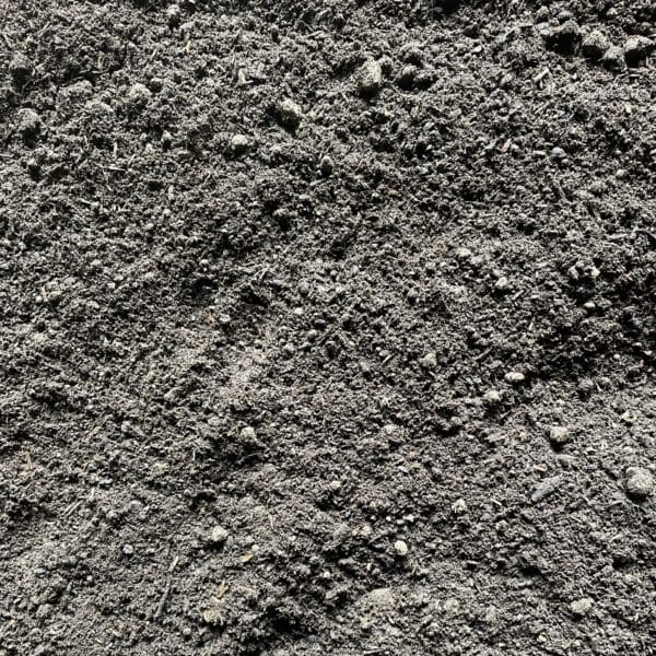 Close-up view of PlantGrow Raised Bed Mix—dark, loose soil with small clumps and fine texture, evenly spread and illuminated by natural light.