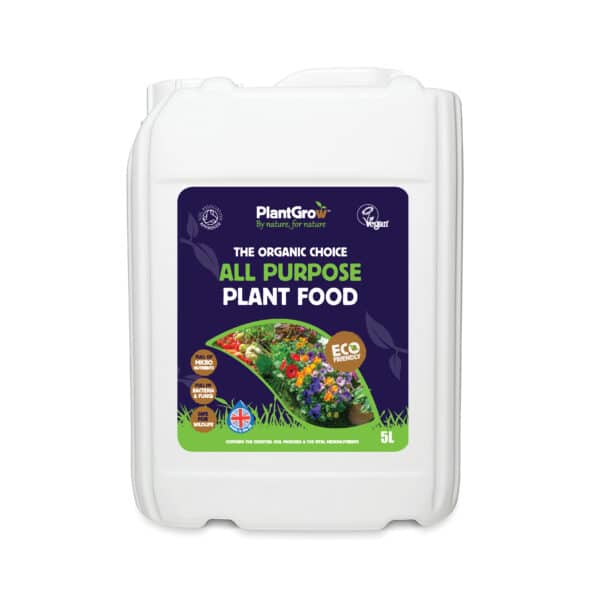 White 5L container of PlantGrow All Purpose Plant Food. The label is dark purple with images of various flowers. Text highlights organic ingredients and eco-friendly design. UK flag symbol and eco logos are also visible.