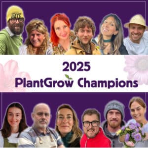 A collage of smiling individuals labeled "2025 PlantGrow Champions" against a purple background with flower graphics. Two rows of diverse people, some holding flowers, showcasing a celebration of gardening enthusiasts.