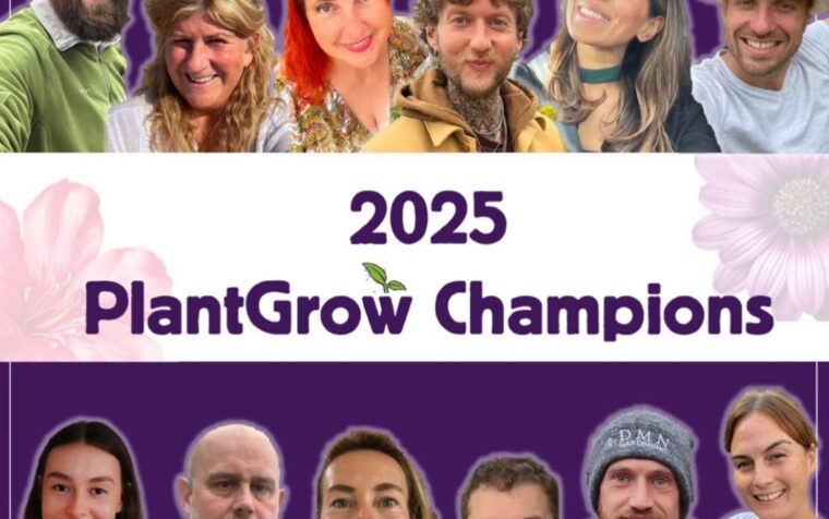 Group portrait of twelve 2025 PlantGrow Champions and Ambassadors, sustainable growers smiling at camera against purple background.