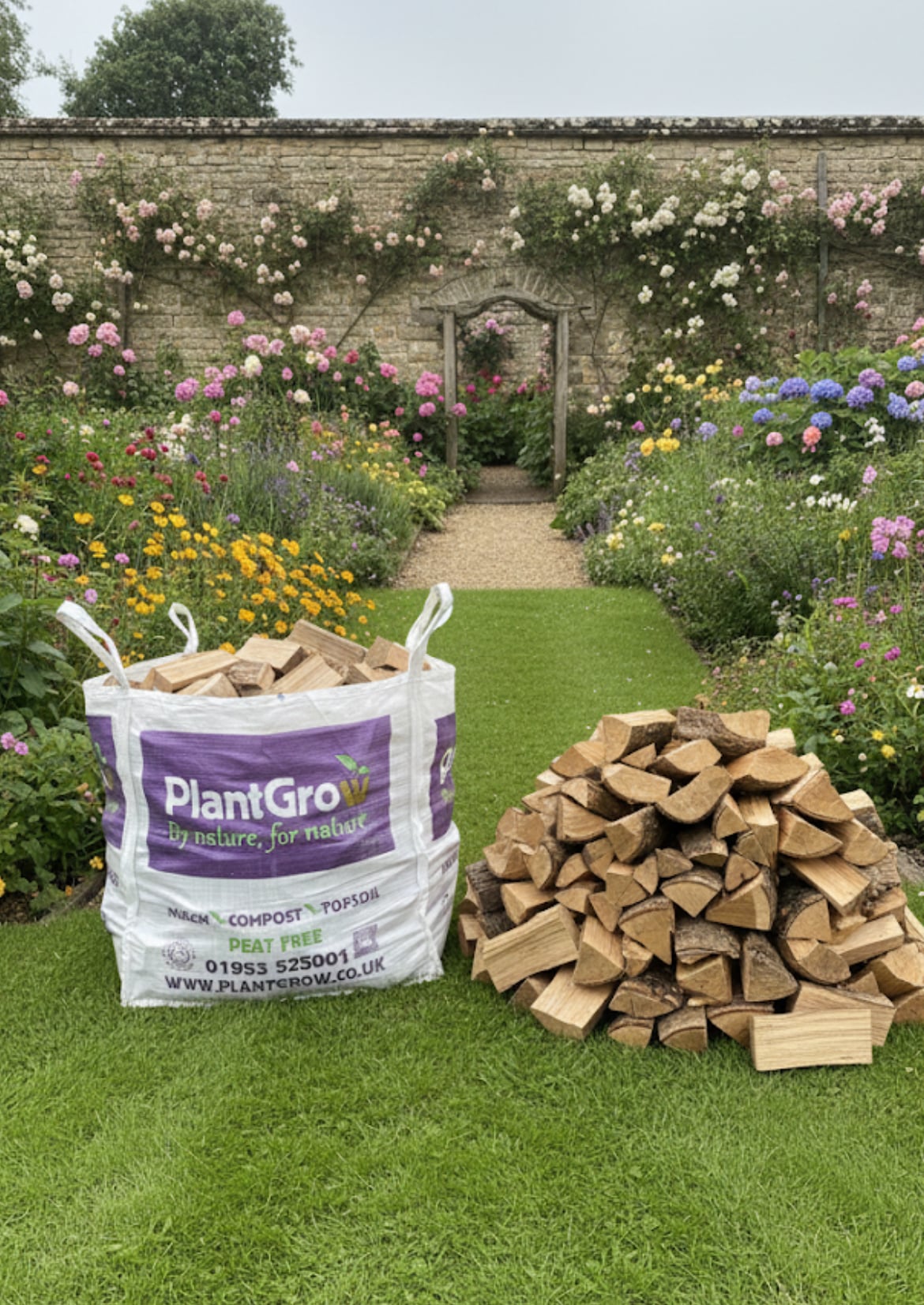 Stack of kiln dried hardwood firewood logs beside branded PlantGrow compost bag in garden setting.