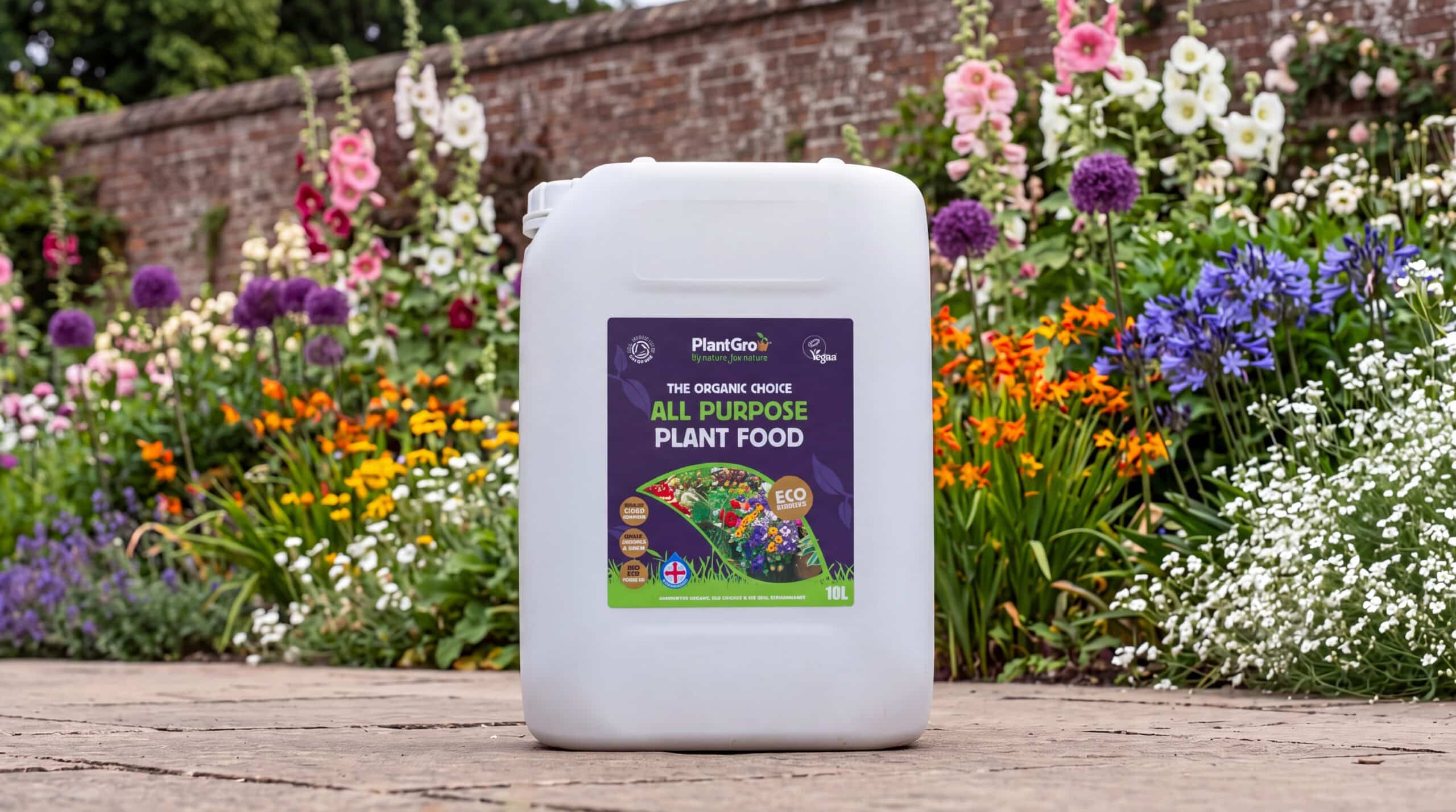 10-litre white container of PlantGrow all-purpose plant food displayed in front of flowering garden bed.