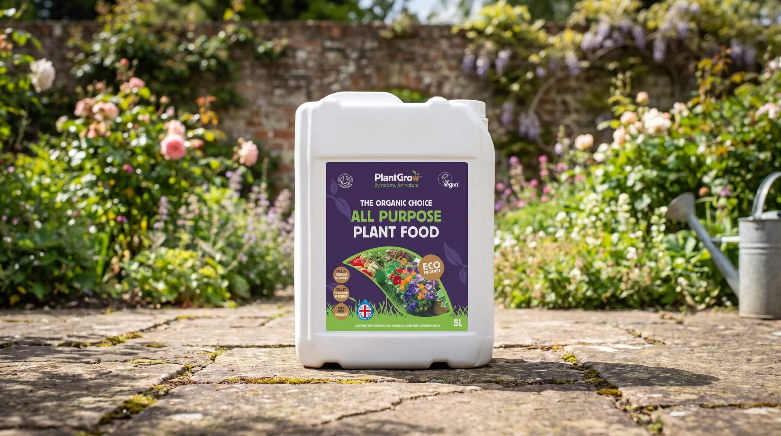 PlantGrow all purpose plant food 5L container positioned on garden paving, with flowering plants and brick wall behind.
