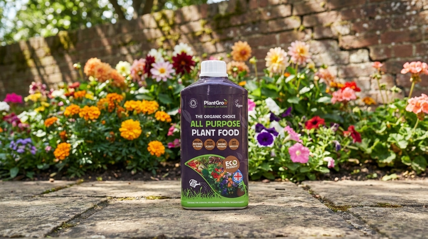 PlantGrow all purpose plant food bottle displayed on garden path with blooming flowers behind