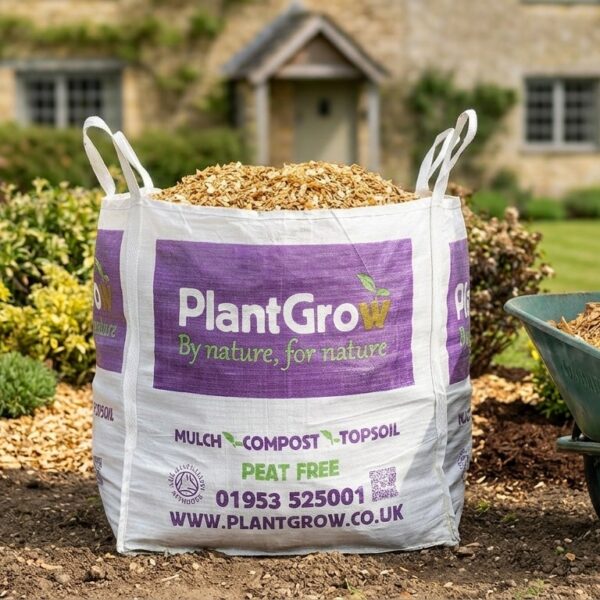 Decorative woodchip mulch showing screened, evenly-sized whole-tree wood pieces in natural brown tones.