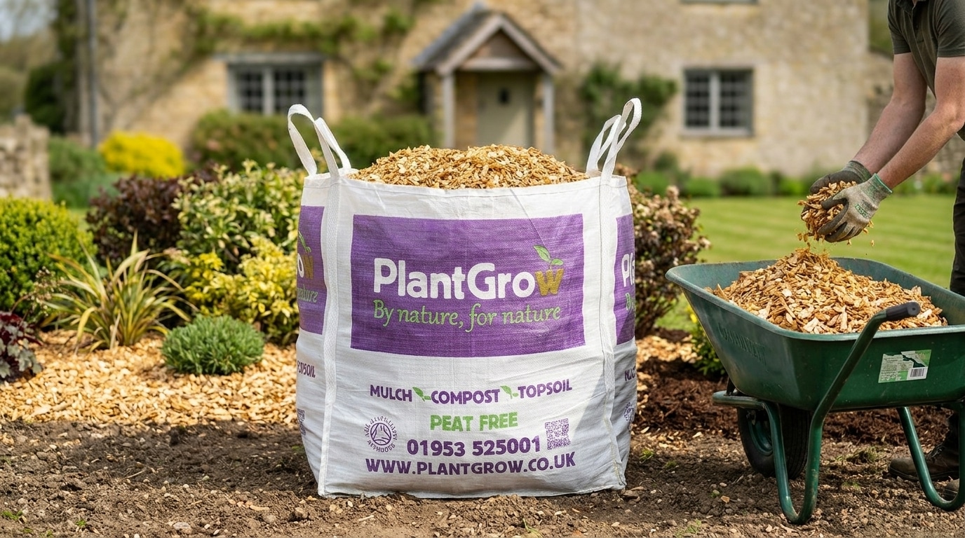 PlantGrow decorative woodchip bulk bag filled with screened wood chips, being scooped into a wheelbarrow in a garden setting.