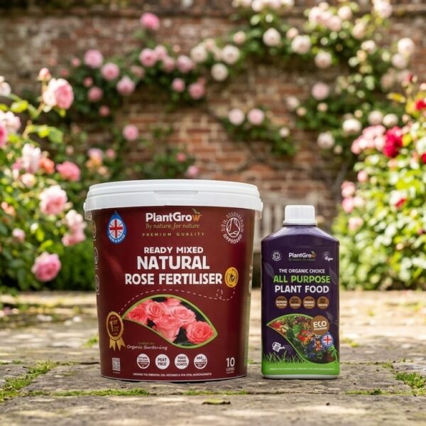 PlantGrow rose fertiliser set with natural rose fertiliser and all-purpose plant food displayed against blooming roses in garden.