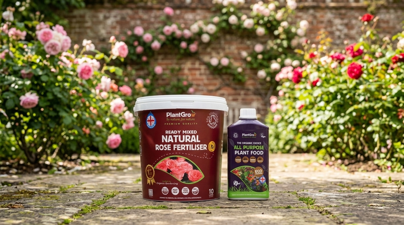 PlantGrow rose fertiliser set with natural rose fertiliser and all-purpose plant food displayed against blooming roses in garden.
