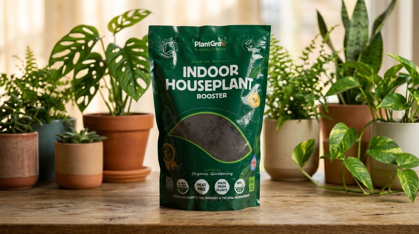 PlantGrow Indoor Houseplant Booster 2.5 litre bag displayed among potted houseplants on wooden surface.