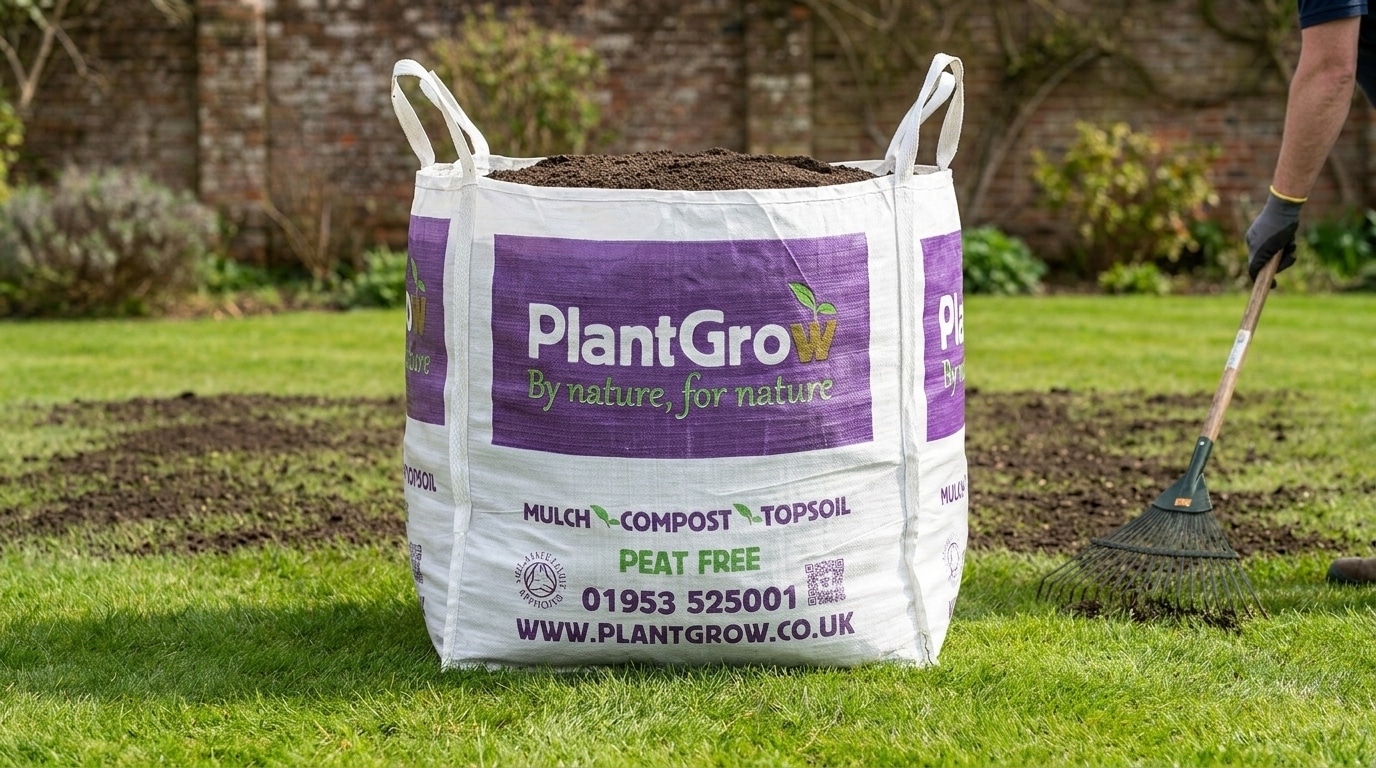 PlantGrow lawn dressing soil mix in bulk bag being spread across grass with rake.