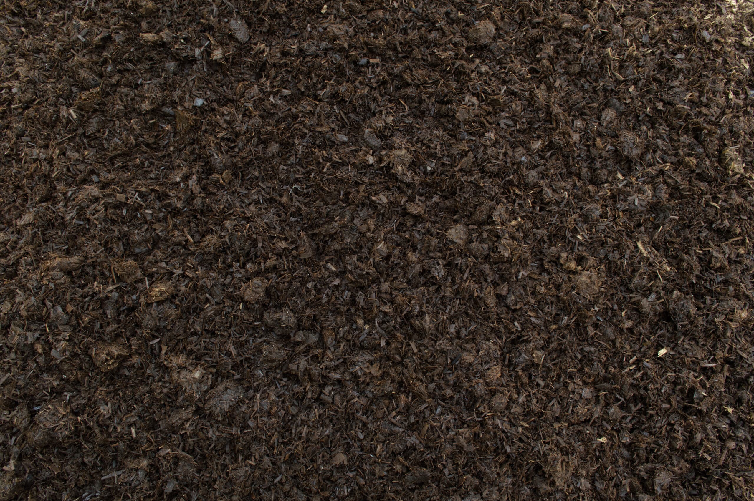 Close-up of dark brown mulch composed of shredded wood and organic matter for garden beds and borders.