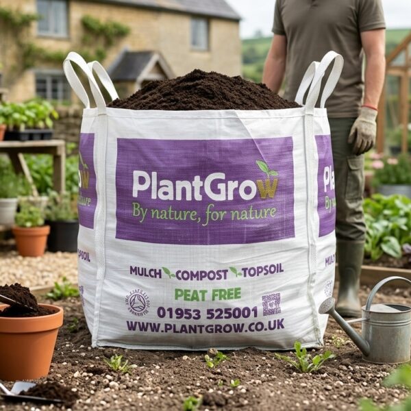 Dark, crumbly peat-free compost with visible organic matter and plant-based ingredients.