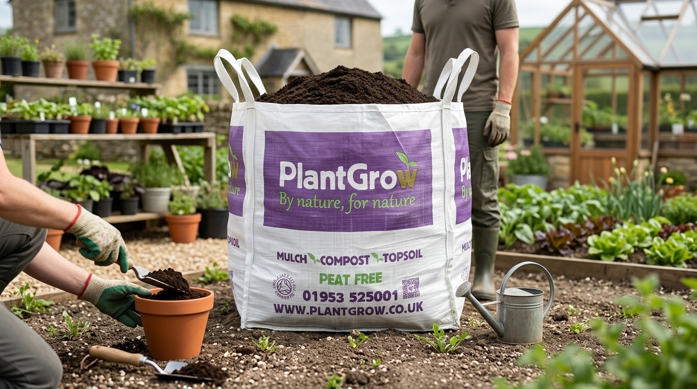 Gardener filling terracotta pot from bulk bag of PlantGrow peat-free multi-purpose compost in garden setting.