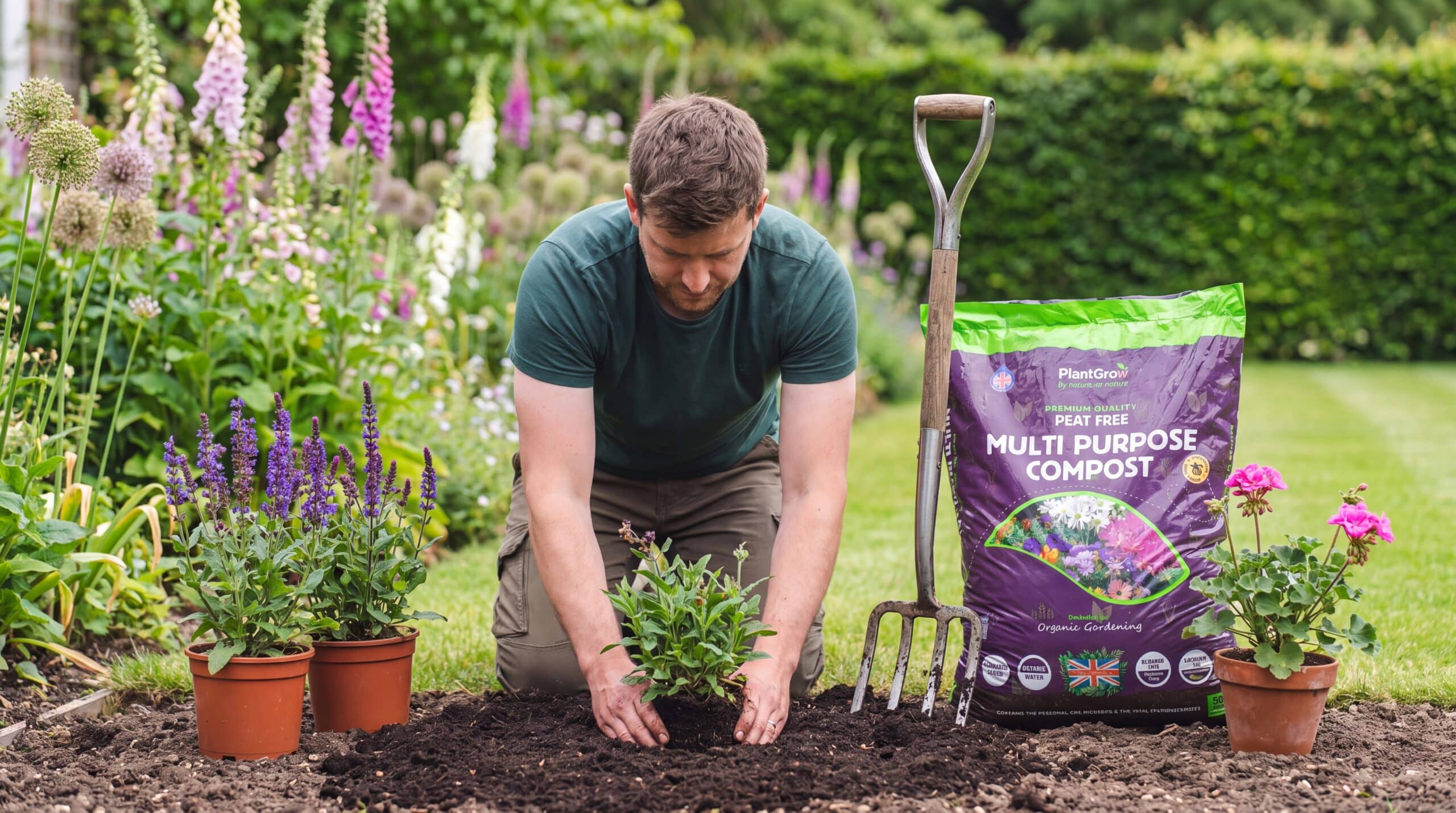 Gardener planting seedlings in peat-free multi-purpose compost with fork and bag visible in garden bed.