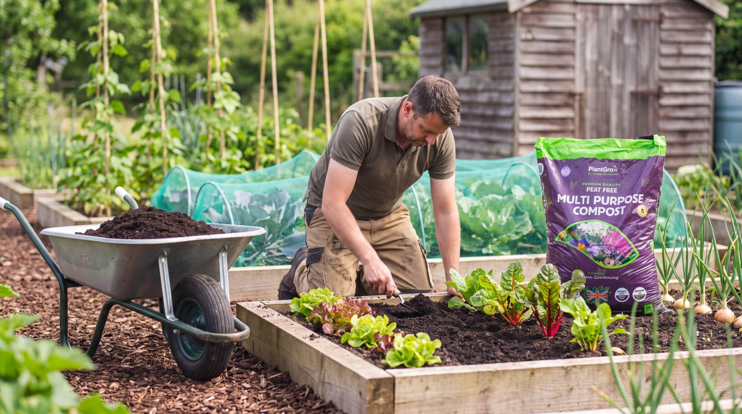 Gardener applying peat-free multipurpose compost to raised vegetable bed in kitchen garden.