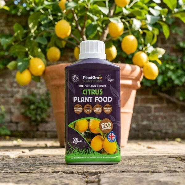 PlantGrow Natural Citrus Plant Food 500 ml bottle displayed against lemon tree with fruit and terracotta pot.
