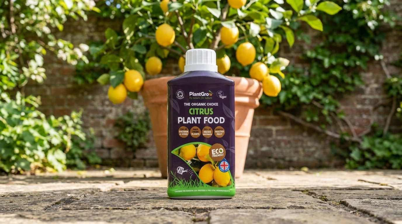 PlantGrow Natural Citrus Plant Food 500 ml bottle displayed against lemon tree with fruit and terracotta pot.
