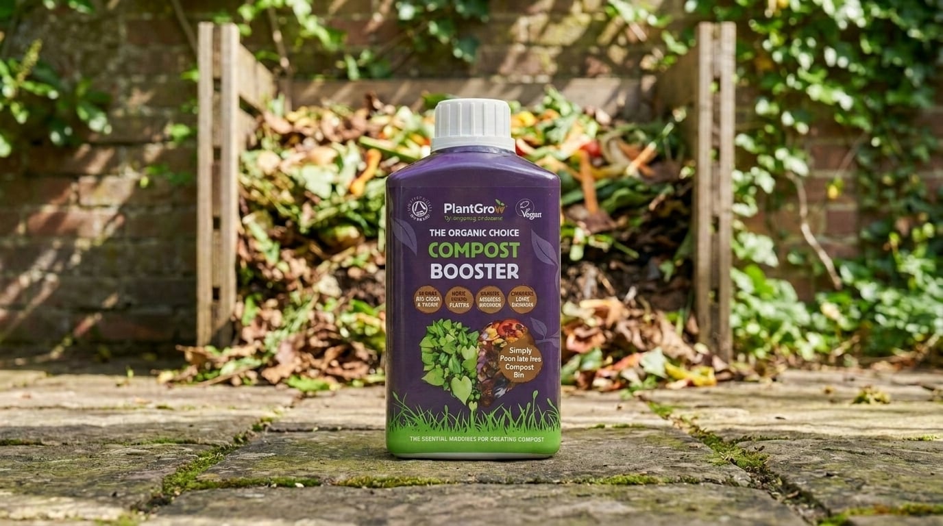 PlantGrow Natural Compost Booster 500ml bottle displayed on paving in a garden setting with compost bin behind.