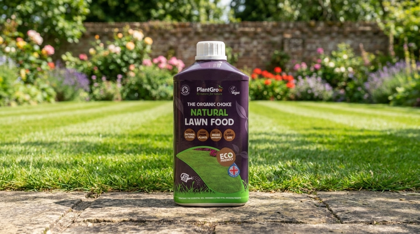 PlantGrow Natural Lawn Food Liquid bottle positioned on garden pathway with flowering borders and lawn visible behind.