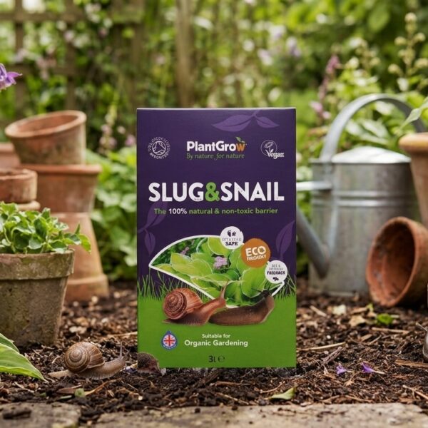 PlantGrow Natural Slug & Snail Barrier 3L pack displayed in a garden setting surrounded by potted plants and terracotta containers.