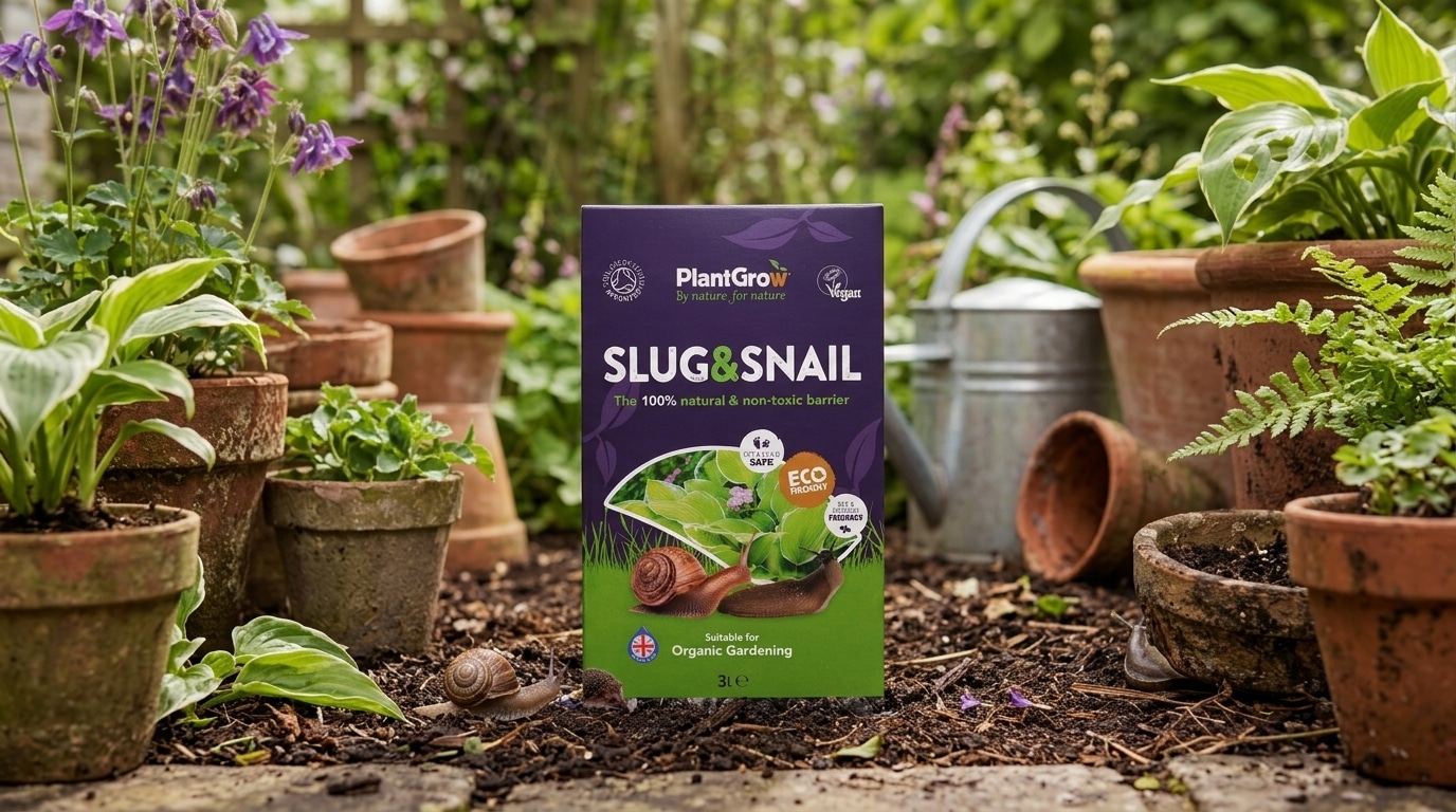 PlantGrow Natural Slug & Snail Barrier 3L pack displayed in a garden setting surrounded by potted plants and terracotta containers.