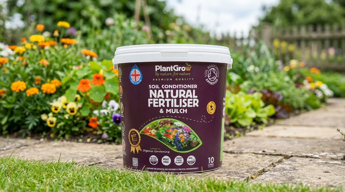 PlantGrow Natural Soil Conditioner 10 litre tub, a plant-based organic soil conditioner and mulch, displayed in a garden setting with flowering plants.