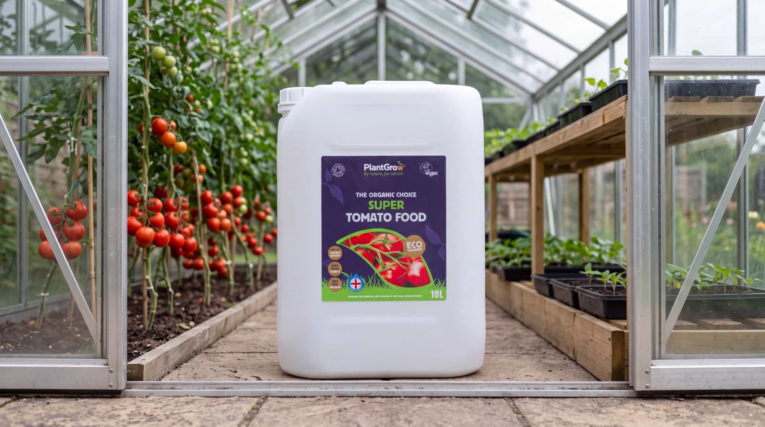 Ten-litre container of PlantGrow Super Tomato Food organic liquid fertiliser displayed in a greenhouse with tomato plants growing in raised beds.