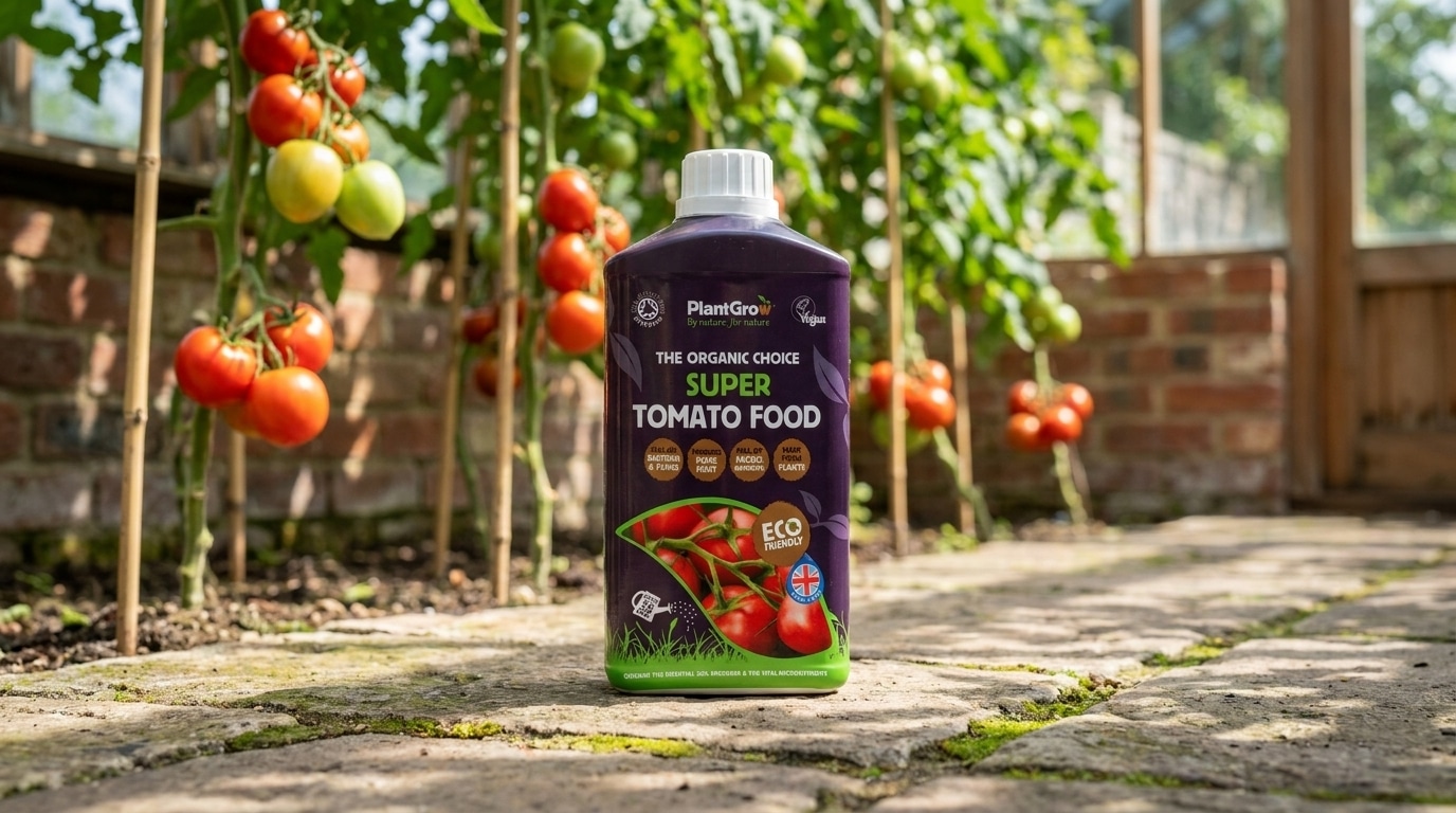 PlantGrow Super Tomato Food bottle displayed in a greenhouse with growing tomato plants behind it.