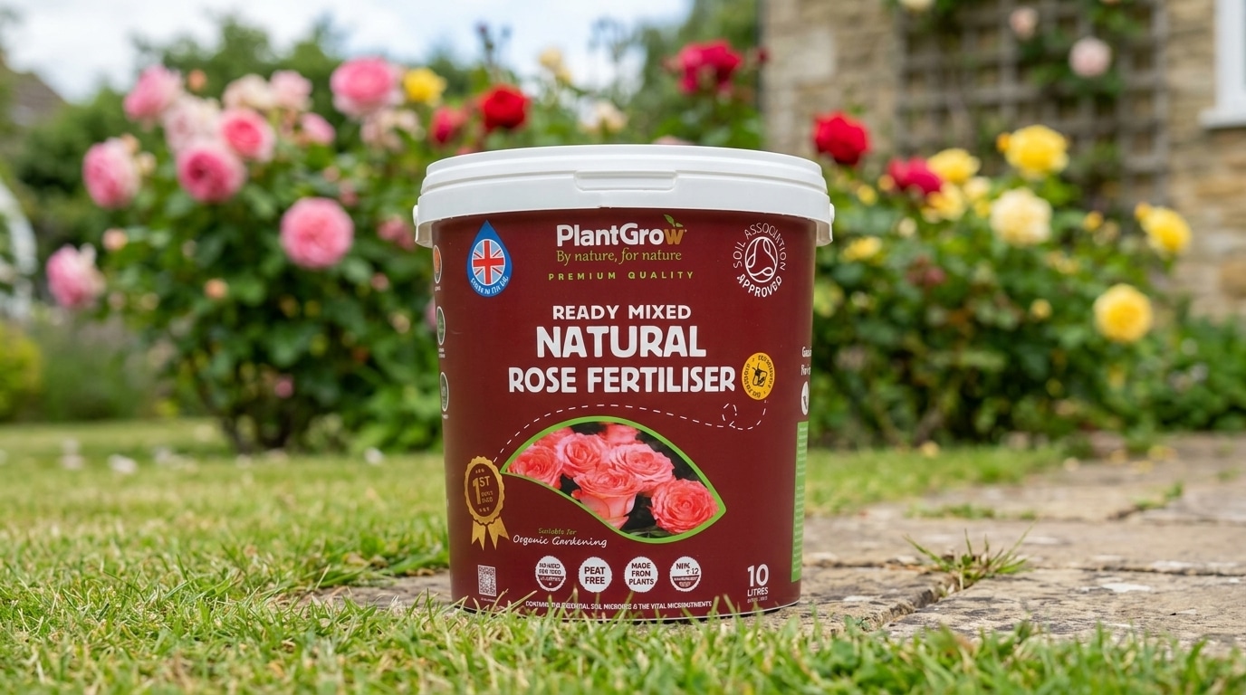 PlantGrow Ready Mixed Natural Rose Fertiliser, 10 litre tub, displayed in a garden setting with flowering roses behind.