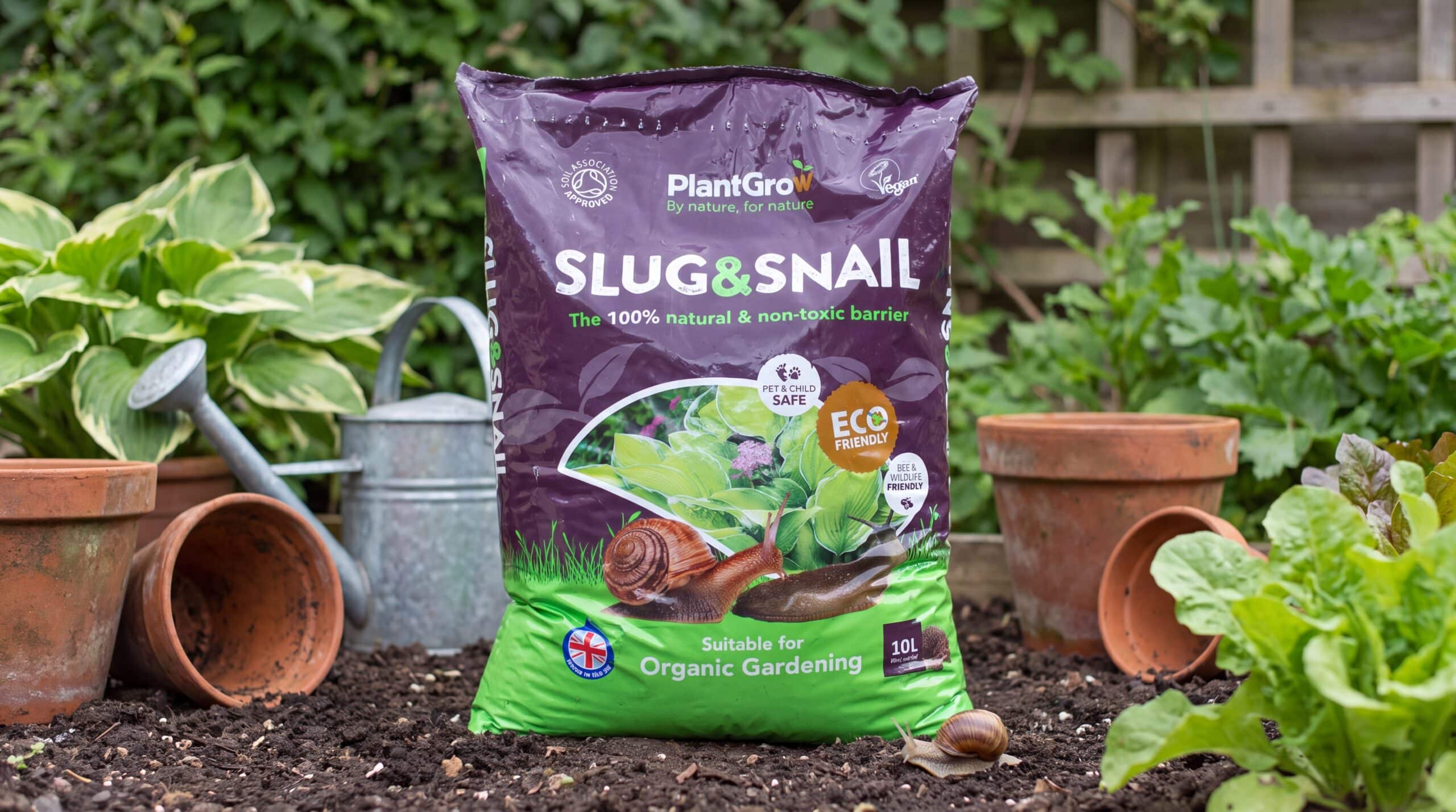 PlantGrow Slug & Snail Barrier 10L pack displayed in a garden setting surrounded by potted plants and terracotta pots.