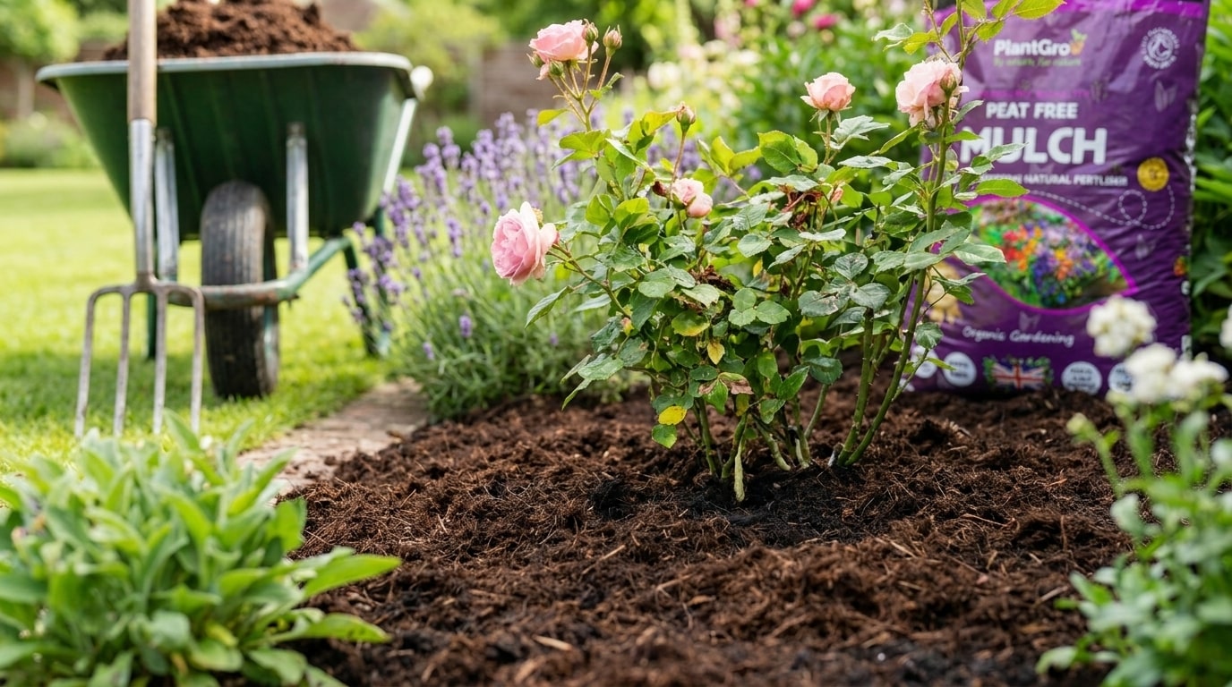 PlantGrow organic mulch applied around newly planted pink roses in a garden bed, with lavender and gardening tools visible.