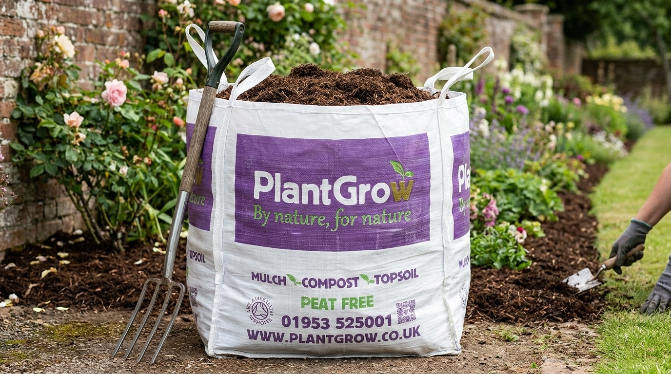 PlantGrow bulk bag of peat-free organic mulch and compost filled with dark brown material in a garden setting.