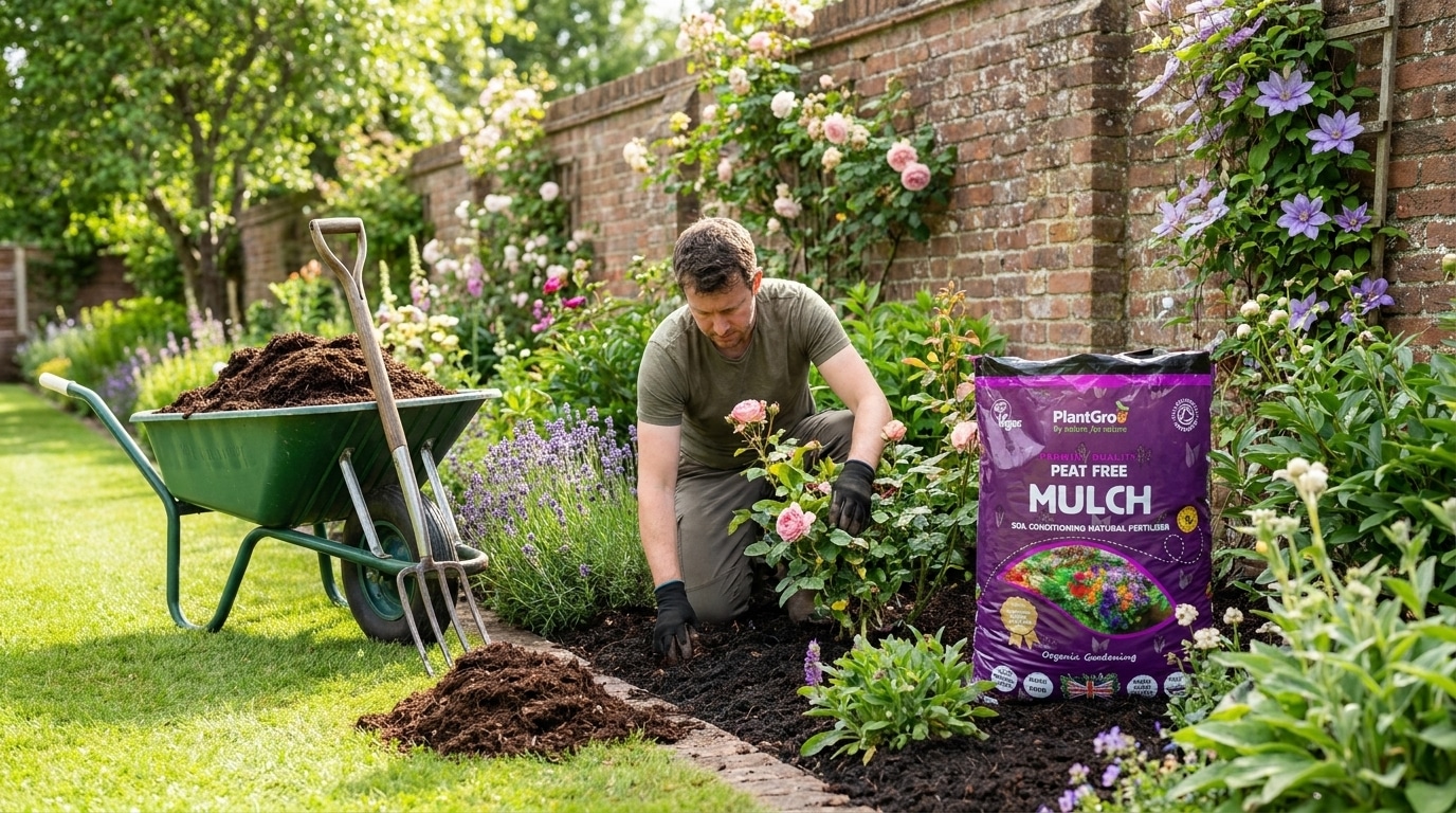 Gardener applies PlantGrow organic mulch around flowering plants in border; bag visible showing peat-free soil conditioner product.