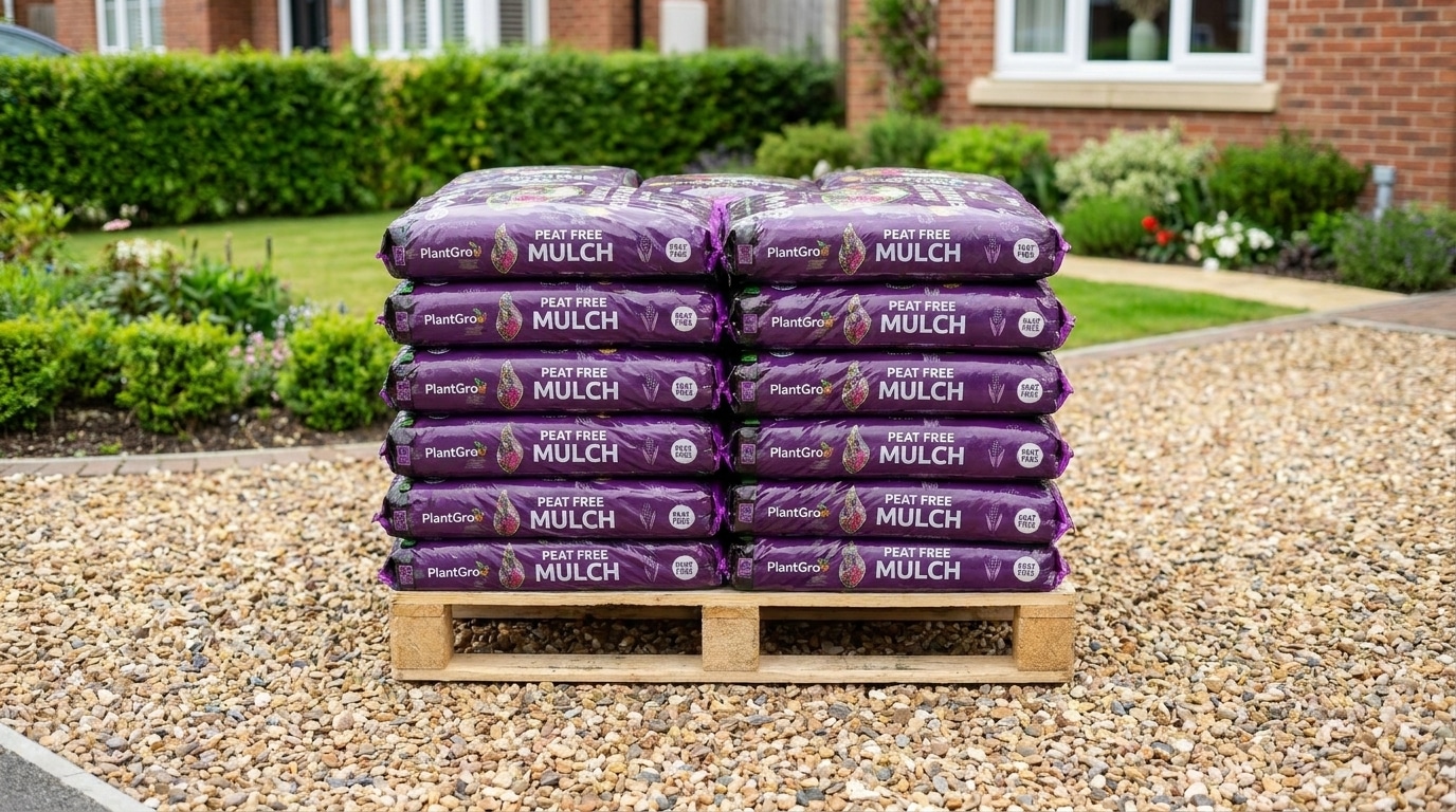 Pallet of PlantGrow peat-free mulch bags stacked in rows on wooden base in driveway.
