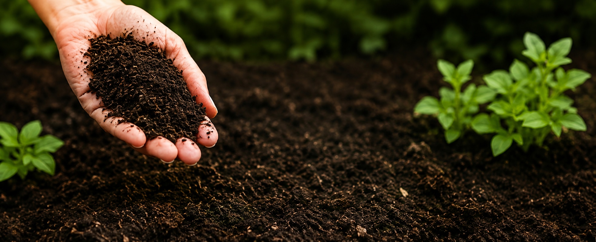 Hand holding dark natural fertiliser above soil with young seedlings growing nearby in garden bed.