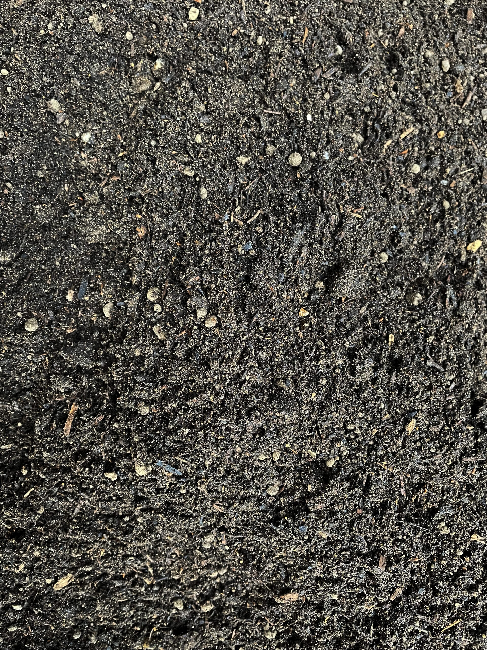 Close-up of PlantGrow Raised Bed Mix soil showing screened topsoil, peat-free compost and organic fibre blend.