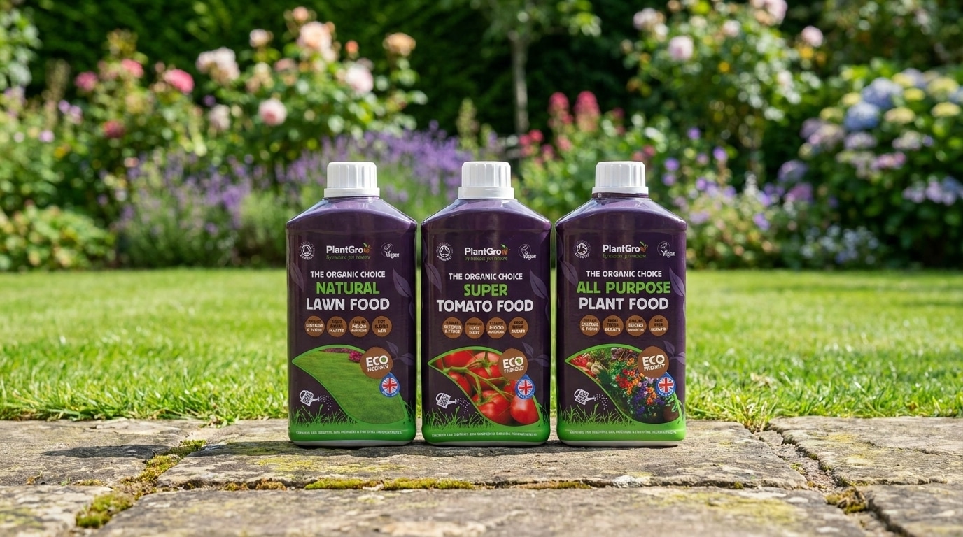 Three 1-litre bottles of PlantGrow organic liquid plant food: Natural Lawn Food, Super Tomato Food, and All Purpose Plant Food, displayed on stone paving with flowering garden background.