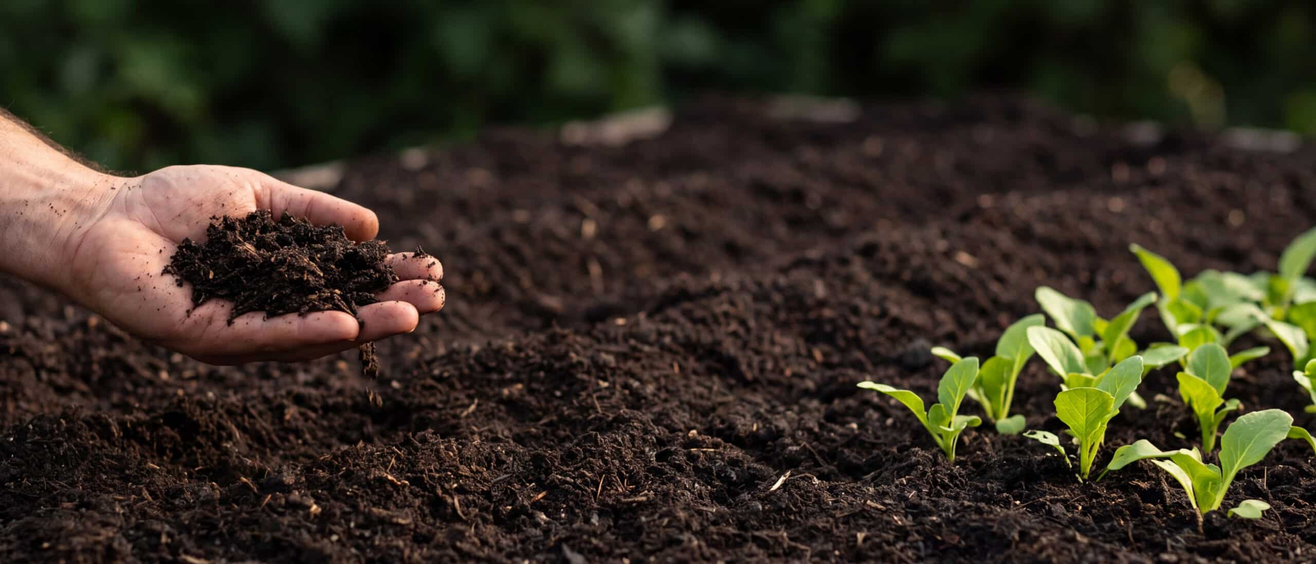 Hand holding rich, dark peat-free compost over garden soil with seedlings growing nearby