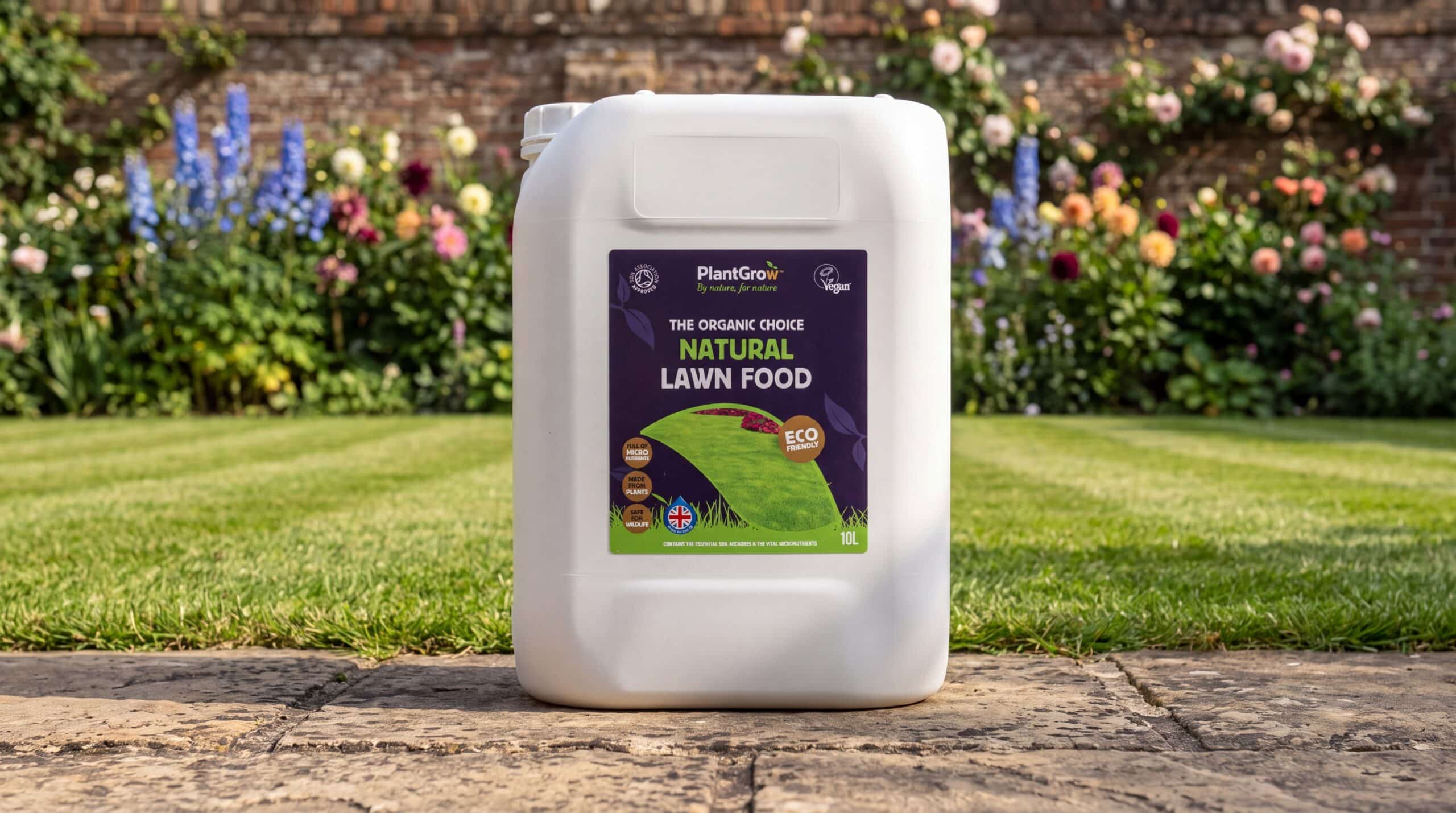 10-litre container of PlantGrow Natural Lawn Food, an organic plant-based fertiliser, displayed on garden paving with flowering borders behind.