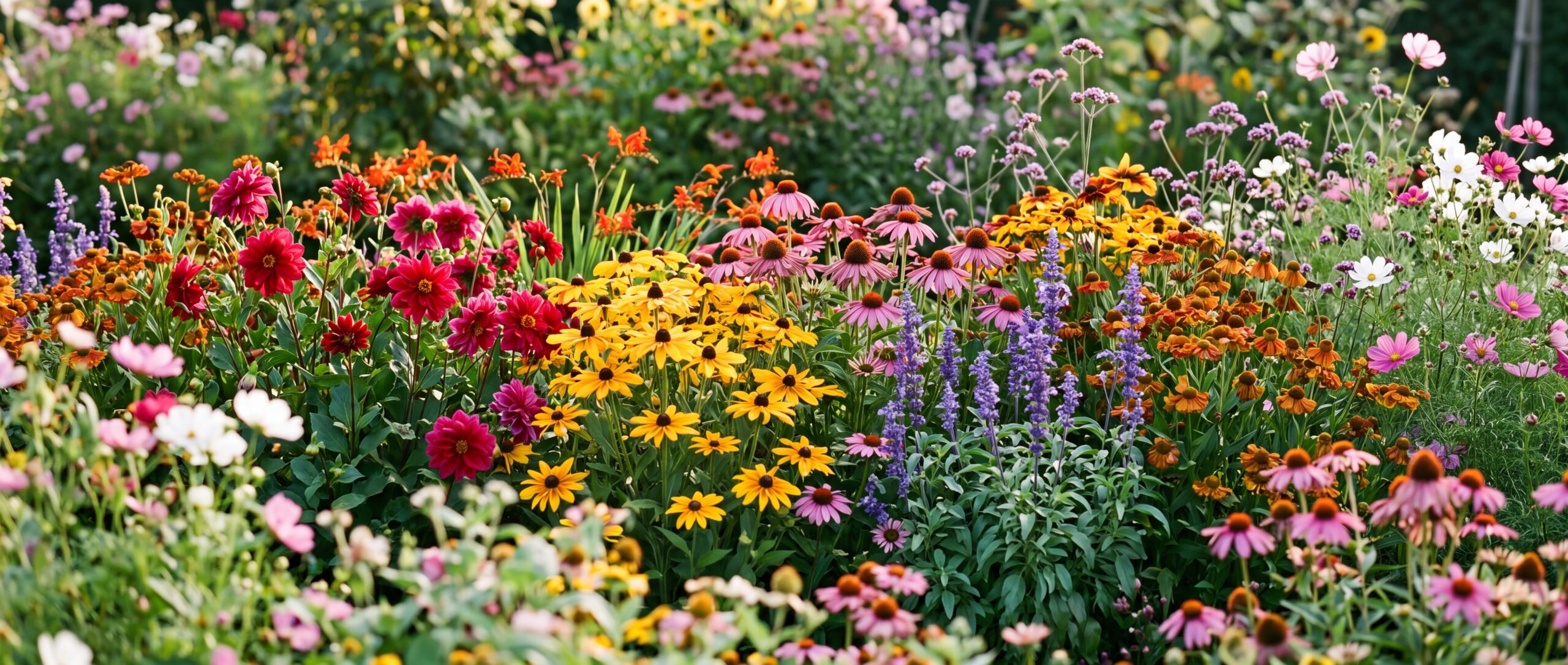 Vibrant flowerbed with mixed blooms including yellow rudbeckias, pink daisies, red dahlias, and purple flowers in natural garden setting.