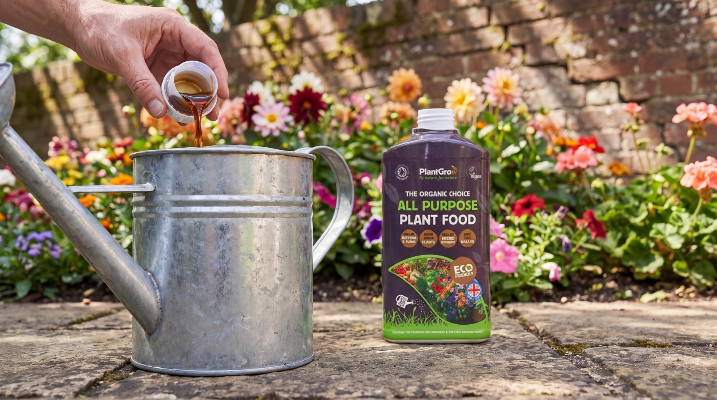 Hand pouring organic liquid plant food into a watering can beside flowering plants against a brick wall.