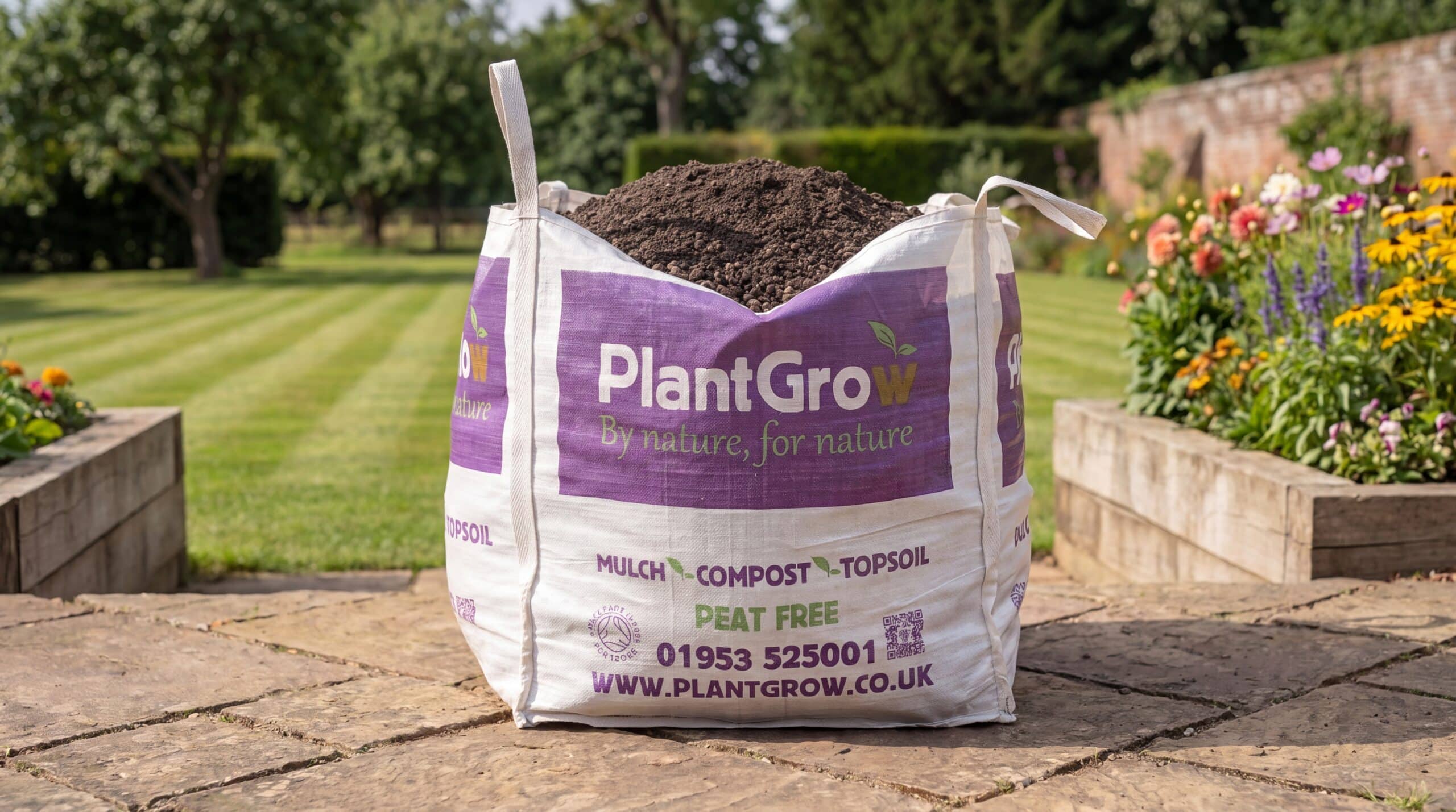 PlantGrow raised bed mix bulk bag filled with dark soil, displayed in a garden setting with flowering borders.